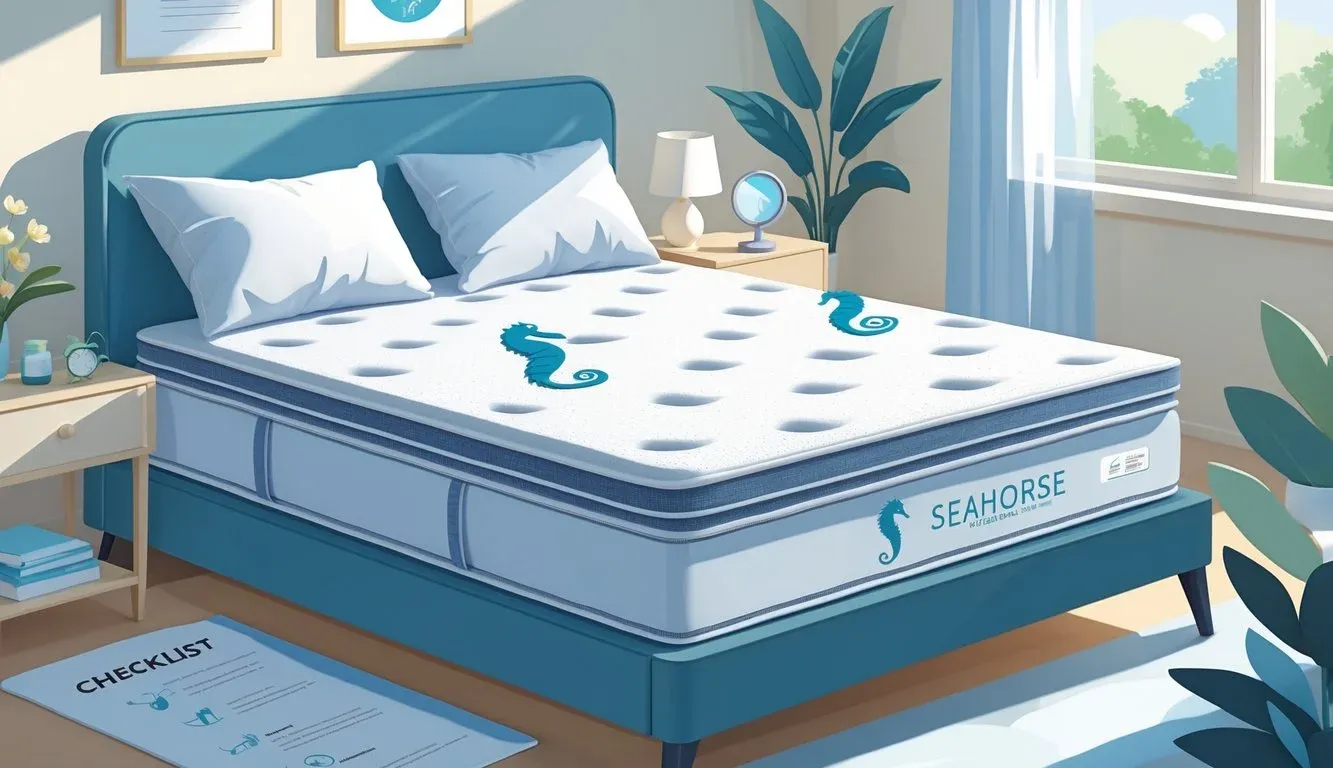 A bedroom scene showing a mattress with a seahorse design, surrounded by symbols representing comfort, durability, and quality.