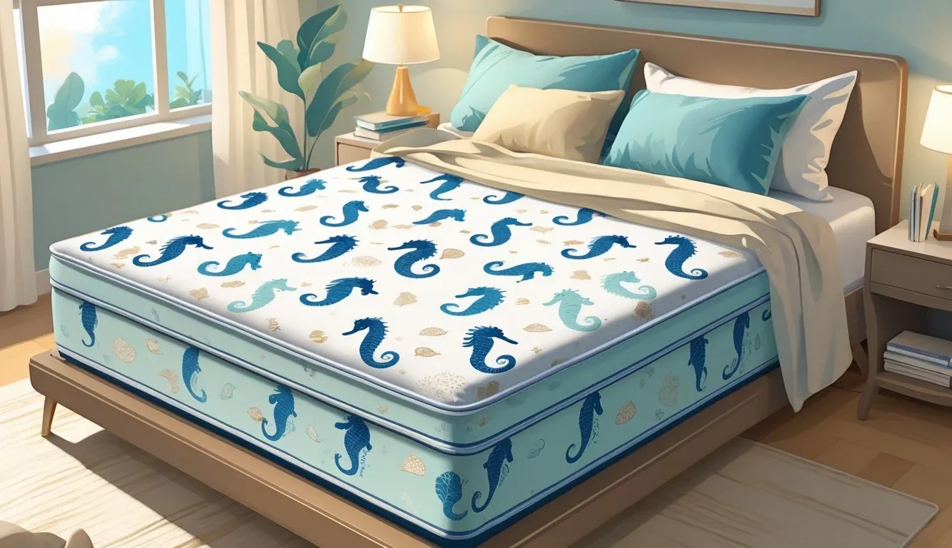 A bedroom scene with a bed featuring a seahorse-patterned mattress, pillows, and a blanket, with a nightstand and soft natural lighting.
