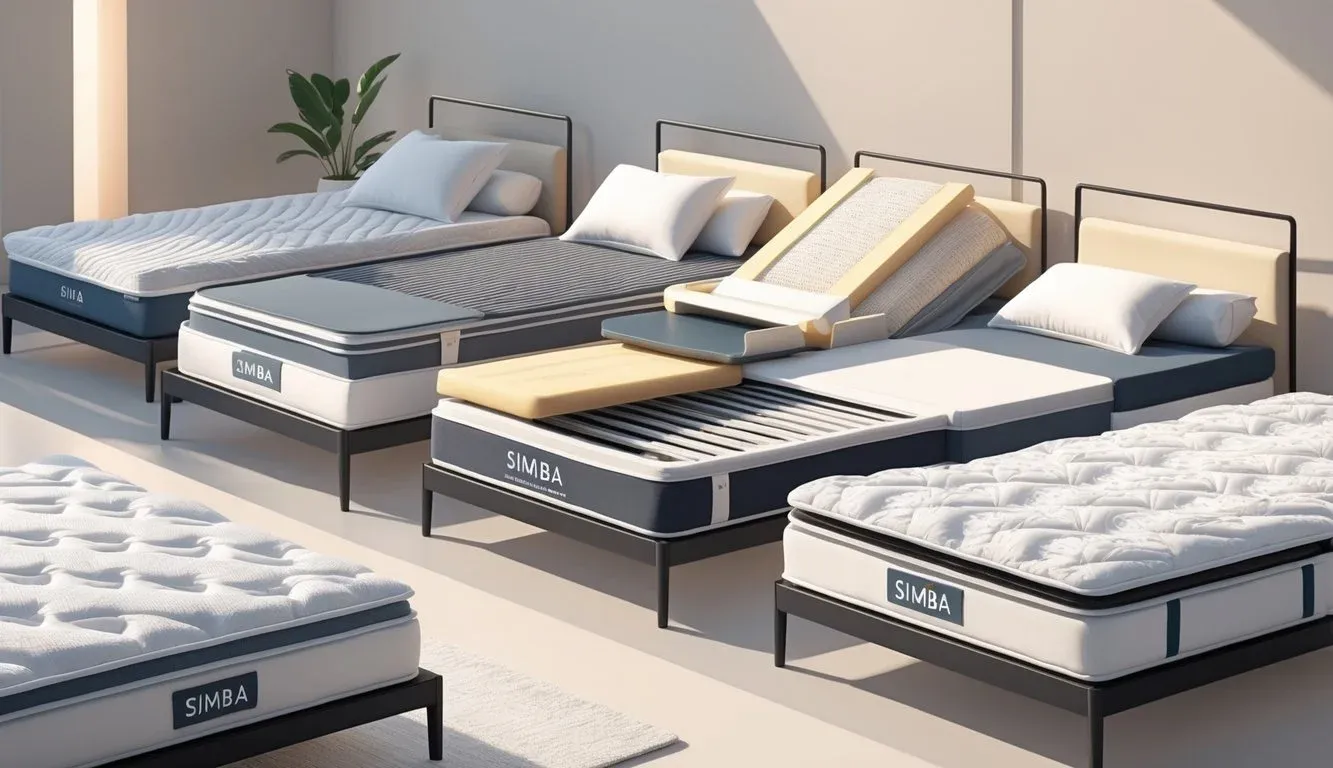 A showroom scene displaying several Simba mattresses side by side, each showing internal layers and materials.