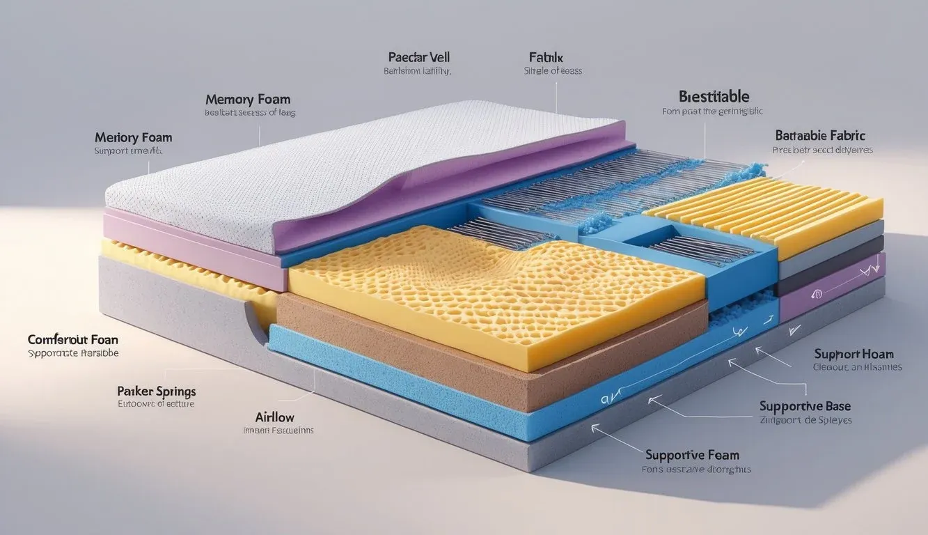 Cross-sectional view of a mattress showing multiple layers of foam, springs, and fabric materials.