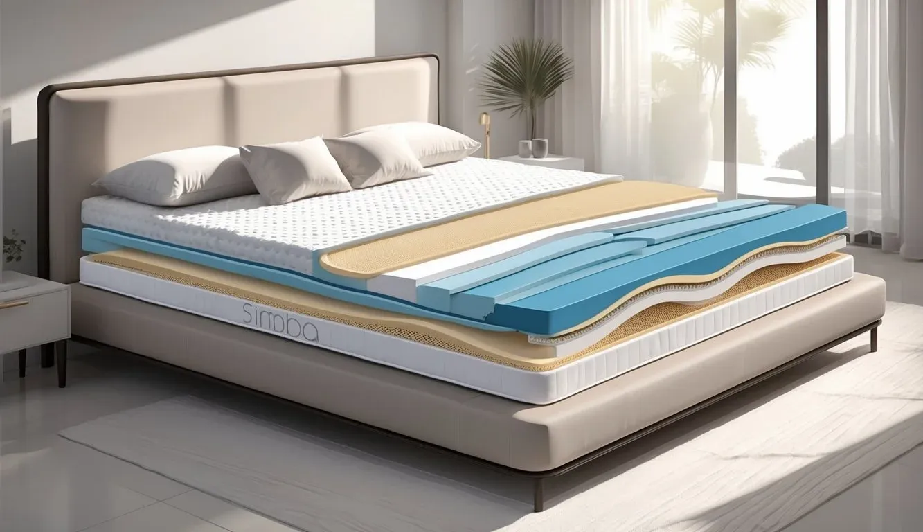 A modern bedroom scene featuring a cross-section view of a Simba mattress showing its multiple comfort and support layers on a bed with white bedding.