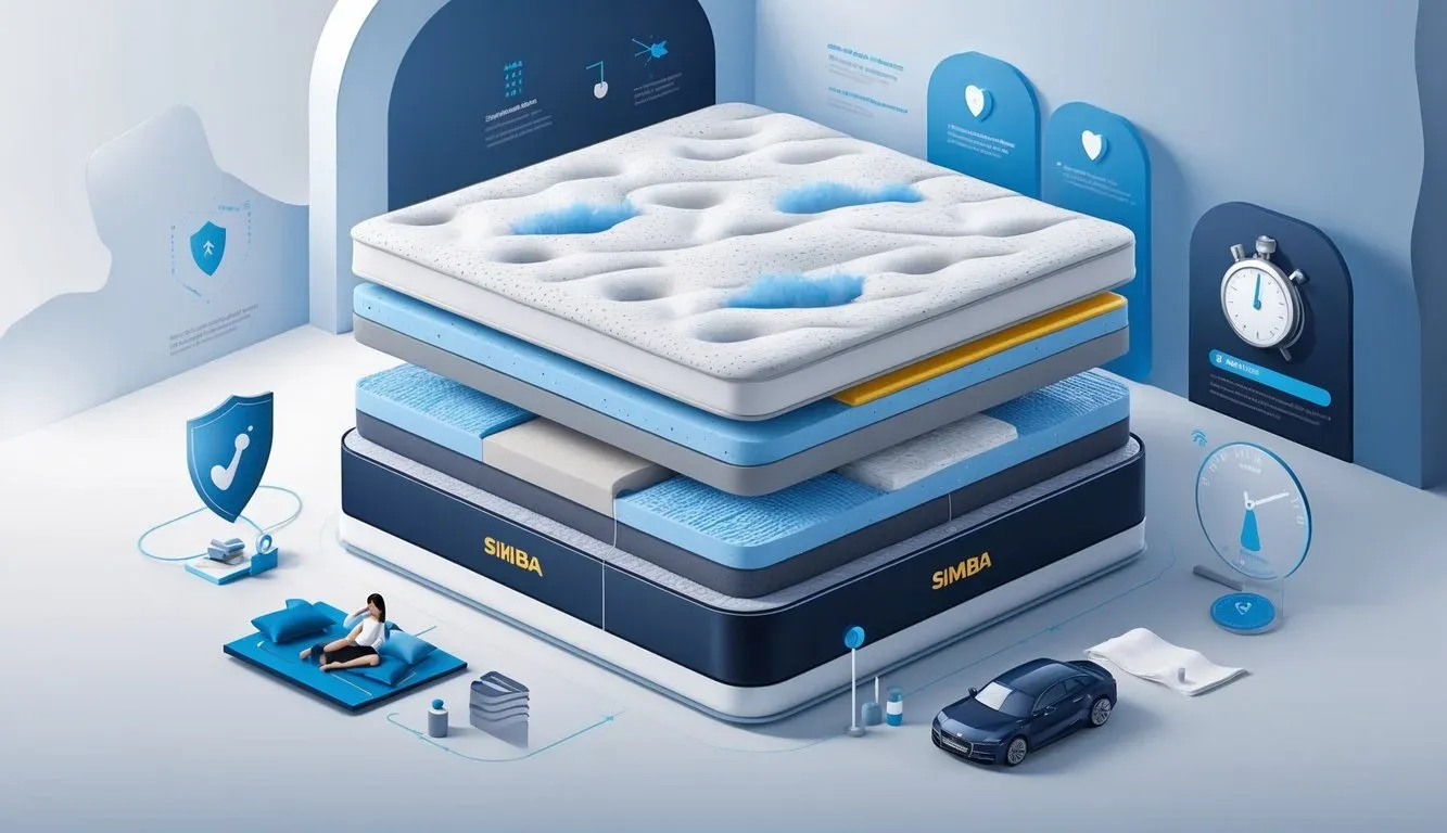 Cross-sectional view of a mattress showing multiple layers with icons representing durability and comfort.