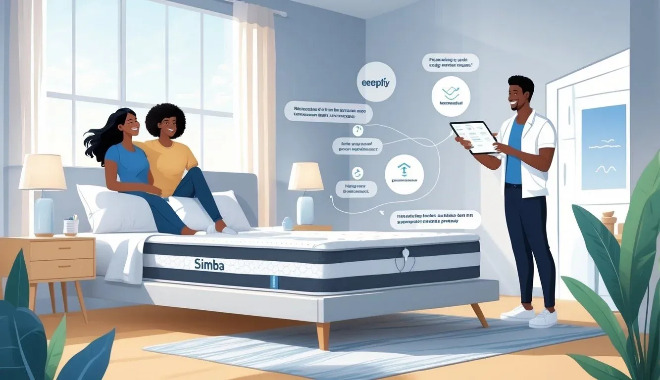 A couple testing a mattress in a bright bedroom with a store assistant explaining features using a tablet.