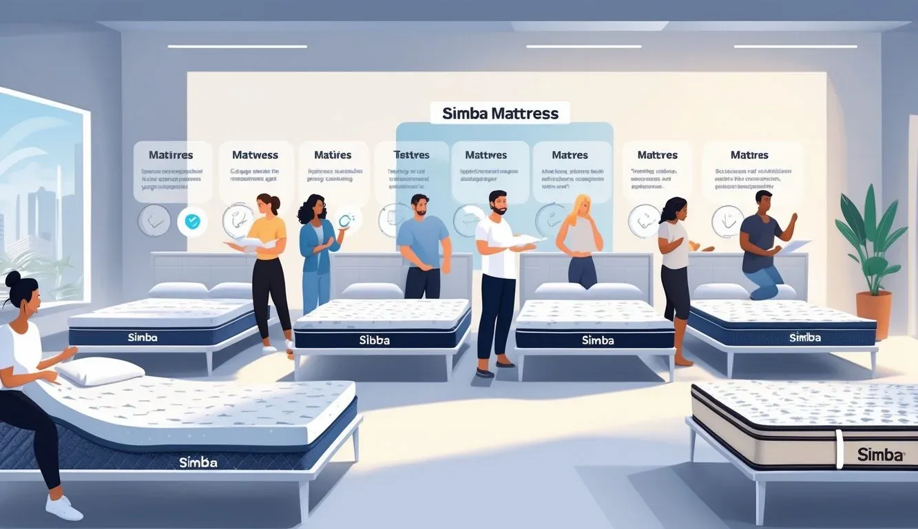 A showroom scene showing several mattresses displayed side by side with people testing them for comfort.