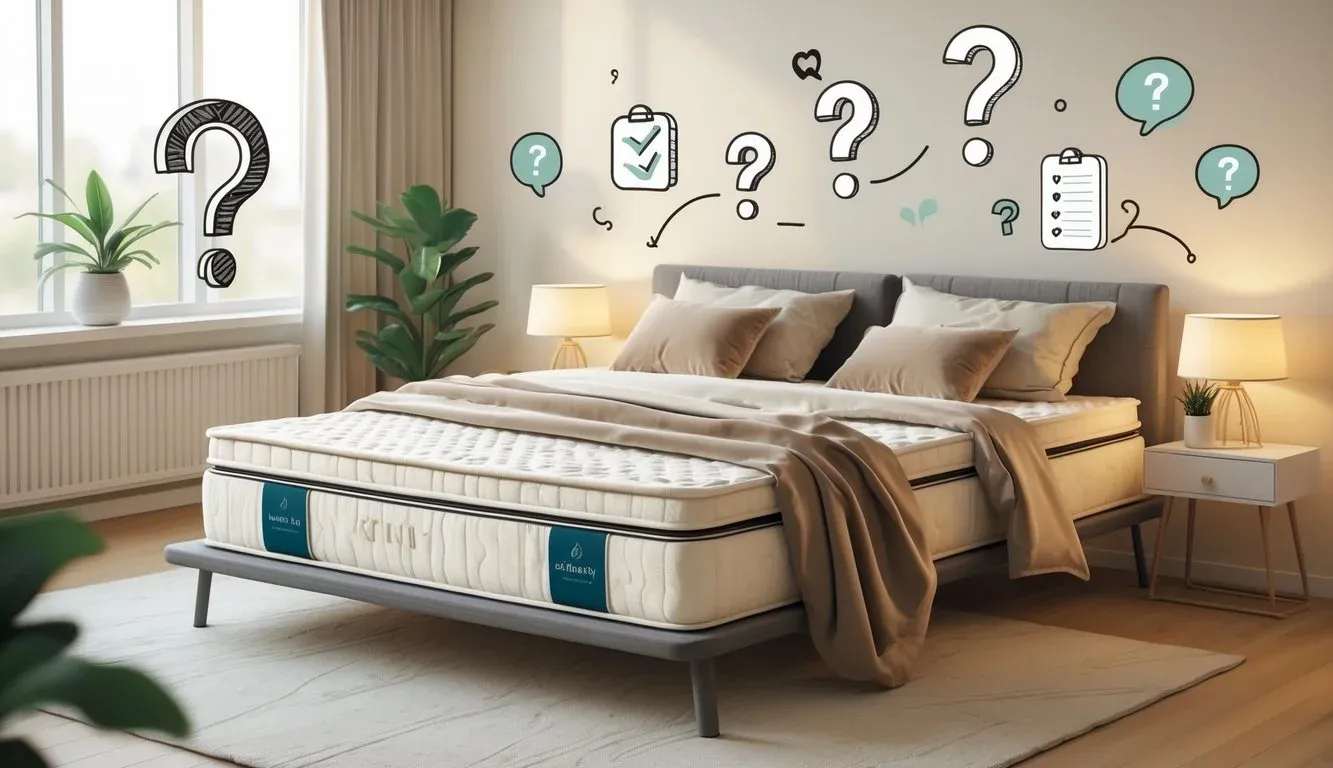 A bedroom scene with a neatly made mattress on a bed, a bedside table with a lamp and plant, and icons representing questions softly integrated in the background.