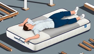A person lying on a Tempur-Pedic mattress, surrounded by construction and design elements