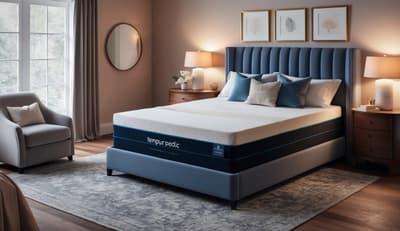 A cozy bedroom with a Tempur-Pedic mattress as the focal point, surrounded by luxurious bedding and soft lighting