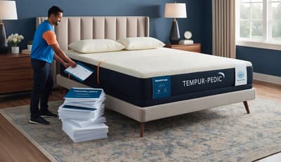 A Tempur-Pedic mattress being delivered and set up in a bedroom, with a stack of warranty paperwork and a trial period offer