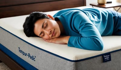 A person sleeping peacefully on a Tempur-Pedic mattress, with a contented expression on their face