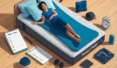 A person lying on a Tempur-Pedic mattress, surrounded by various sleep accessories and a notepad with pros and cons listed